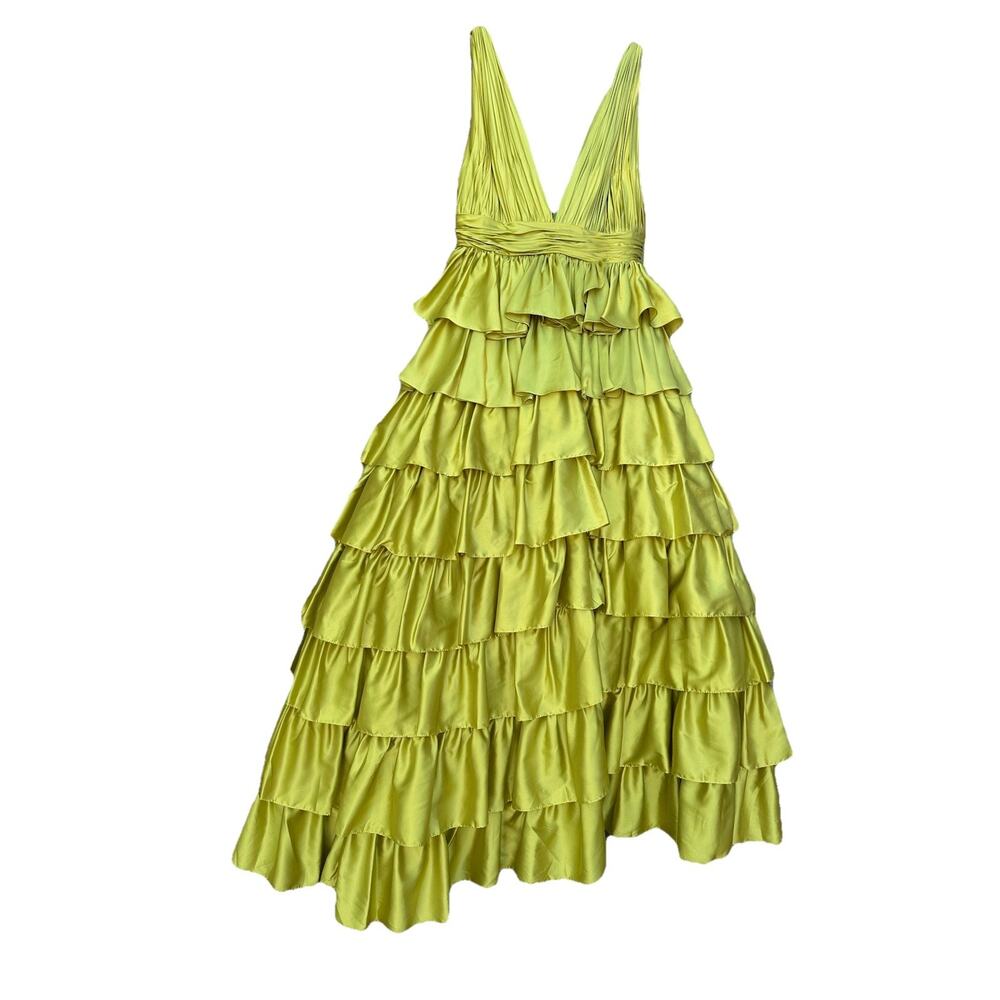 MacDuggal 67994 Chartreuse Sleeveless Tiered Ruffle Pleated Ball Gown Sz 10 $598 - Picture 8 of 16